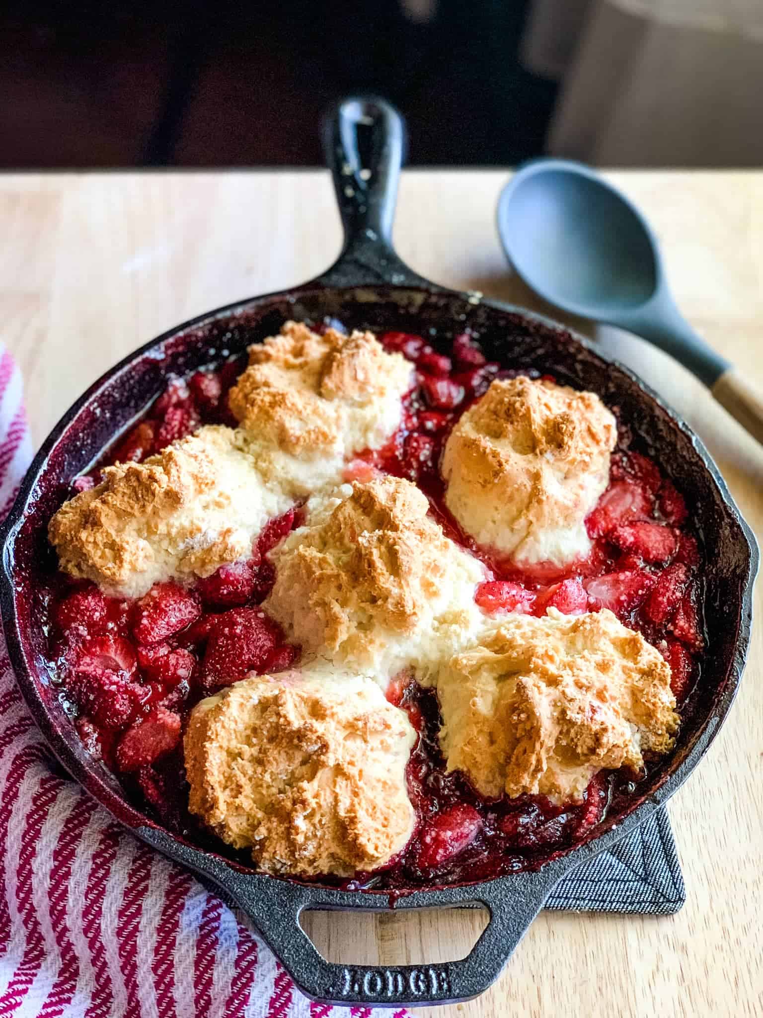 Bisquick Strawberry Cobbler in Cast Iron Skillet.