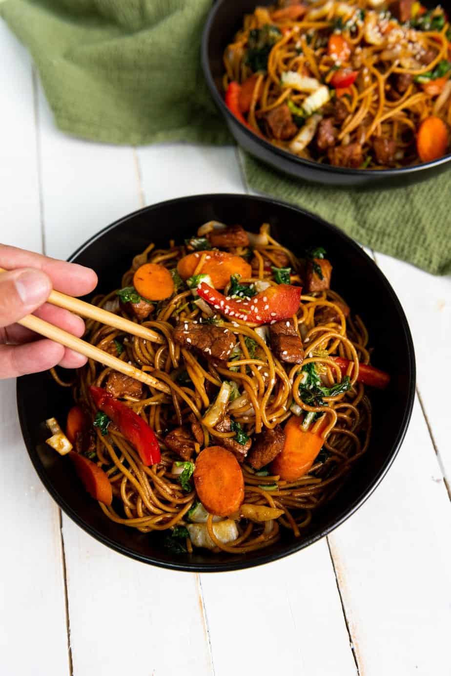 A bowl of Instant Pot Pork Lo Mein.