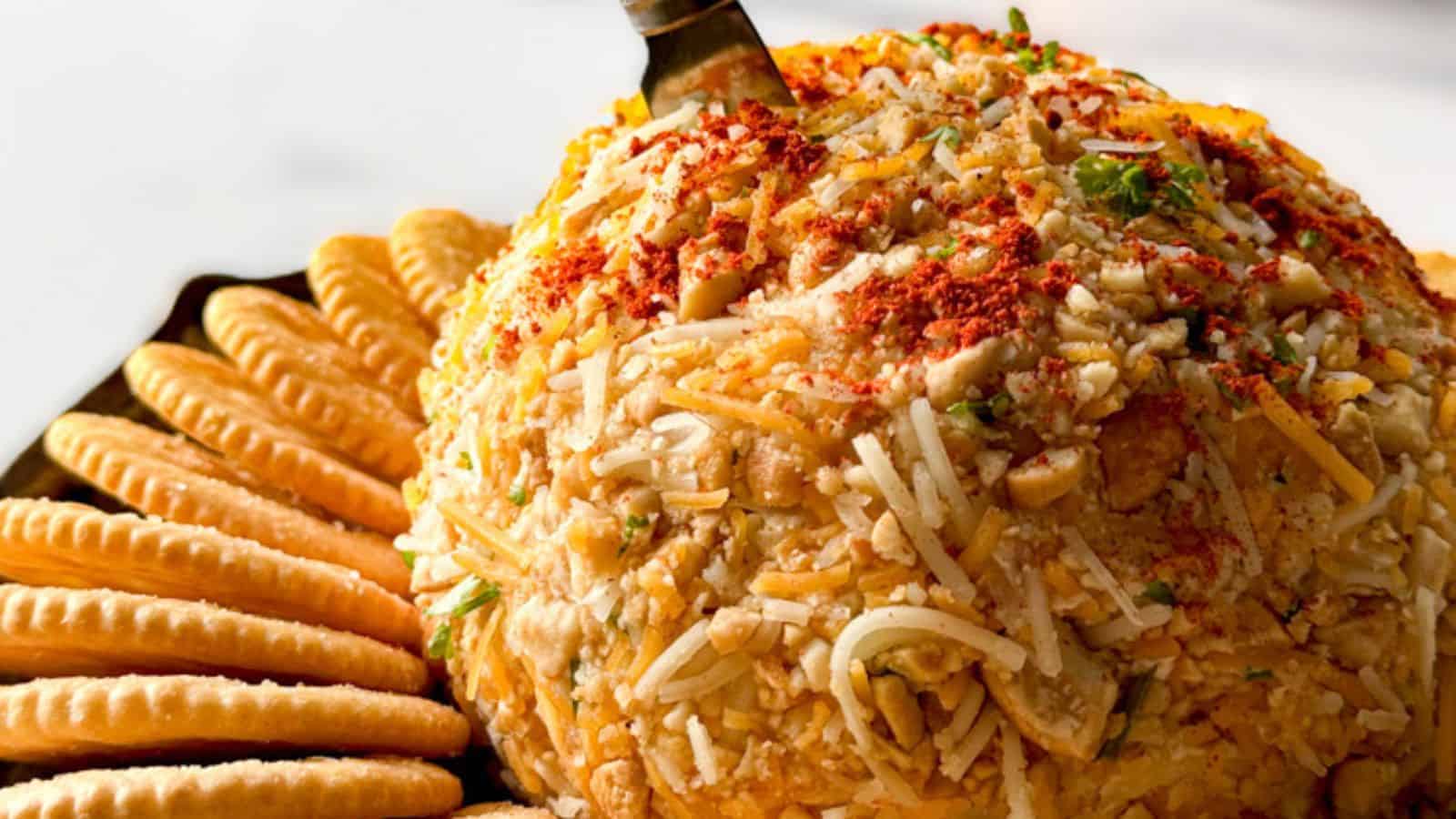 A cheese ball topped with spices and herbs is placed on a plate surrounded by crackers. An ornate knife is inserted into the top. Copper vessels are blurred in the background.