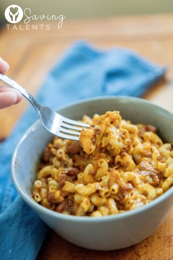 Silly Chili Macaroni in a bowl with fork.