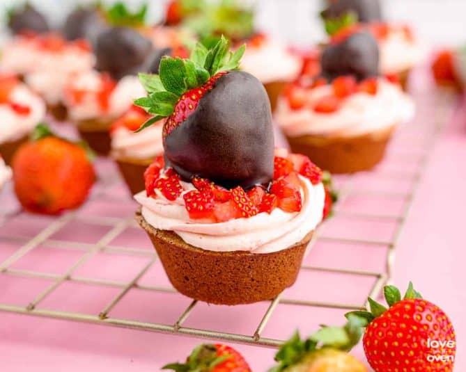 A close up of a Chocolate Strawberry Cupcake.