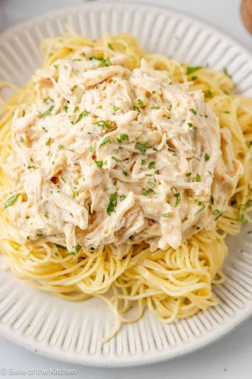 A plate of pasta topped with creamy chicken.