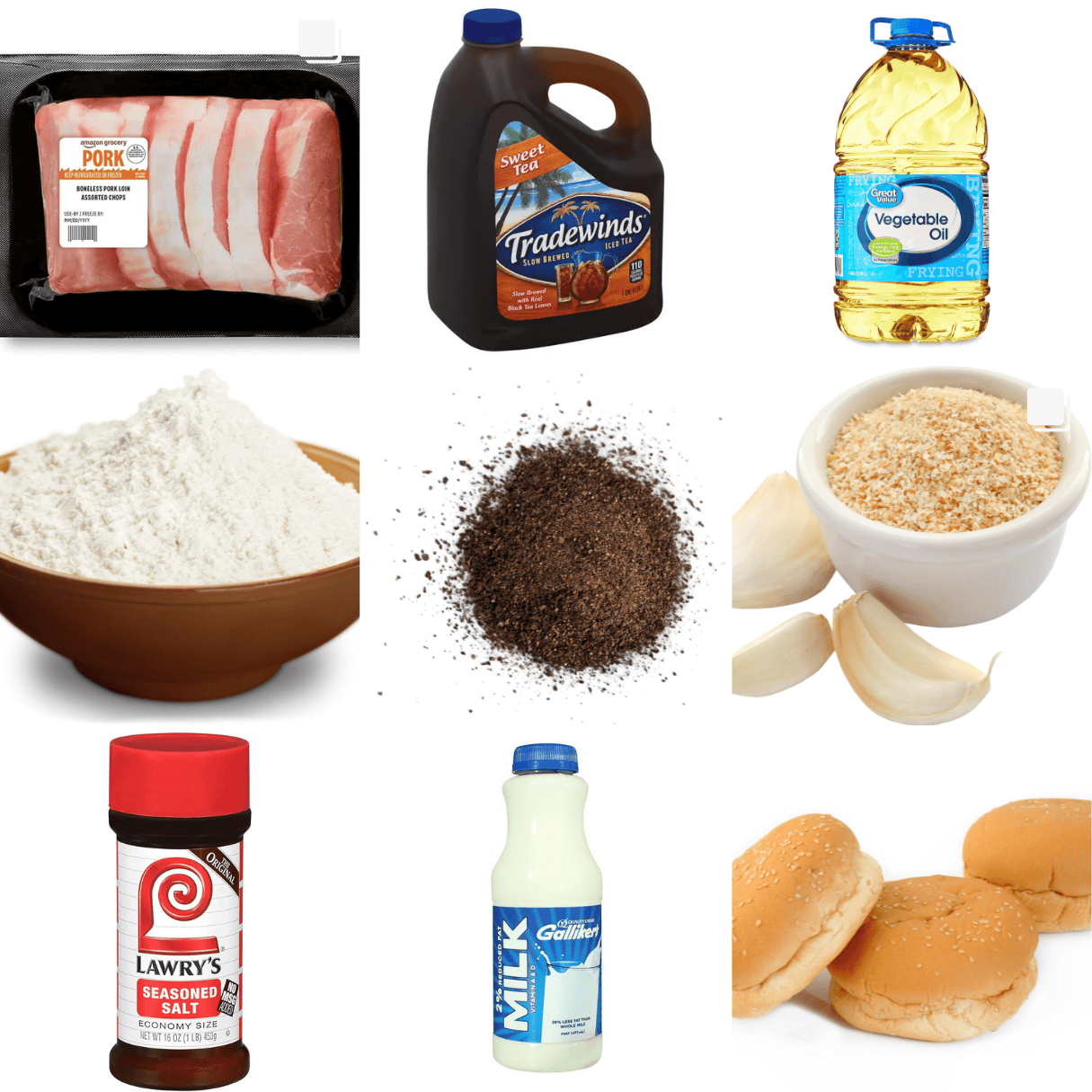 ingredients including pork chops, sweet tea, oil, flour, pepper, garlic powder, seasoning salt, and milk.