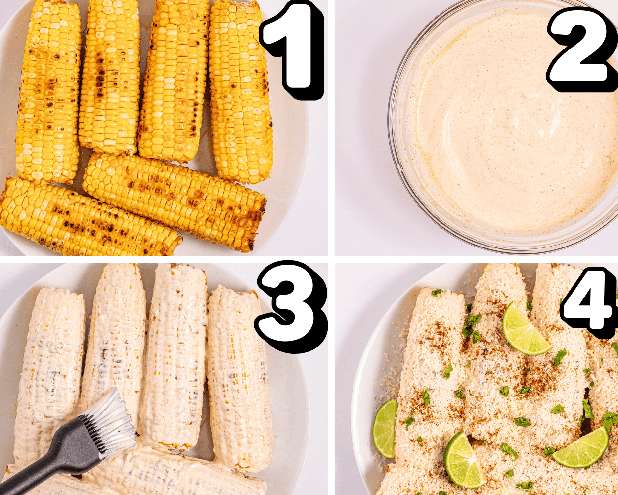 a 4 image collage showing how to grill corn, make the sauce, brush it on the corn, and top with cheese, chili powder, and cilantro. 