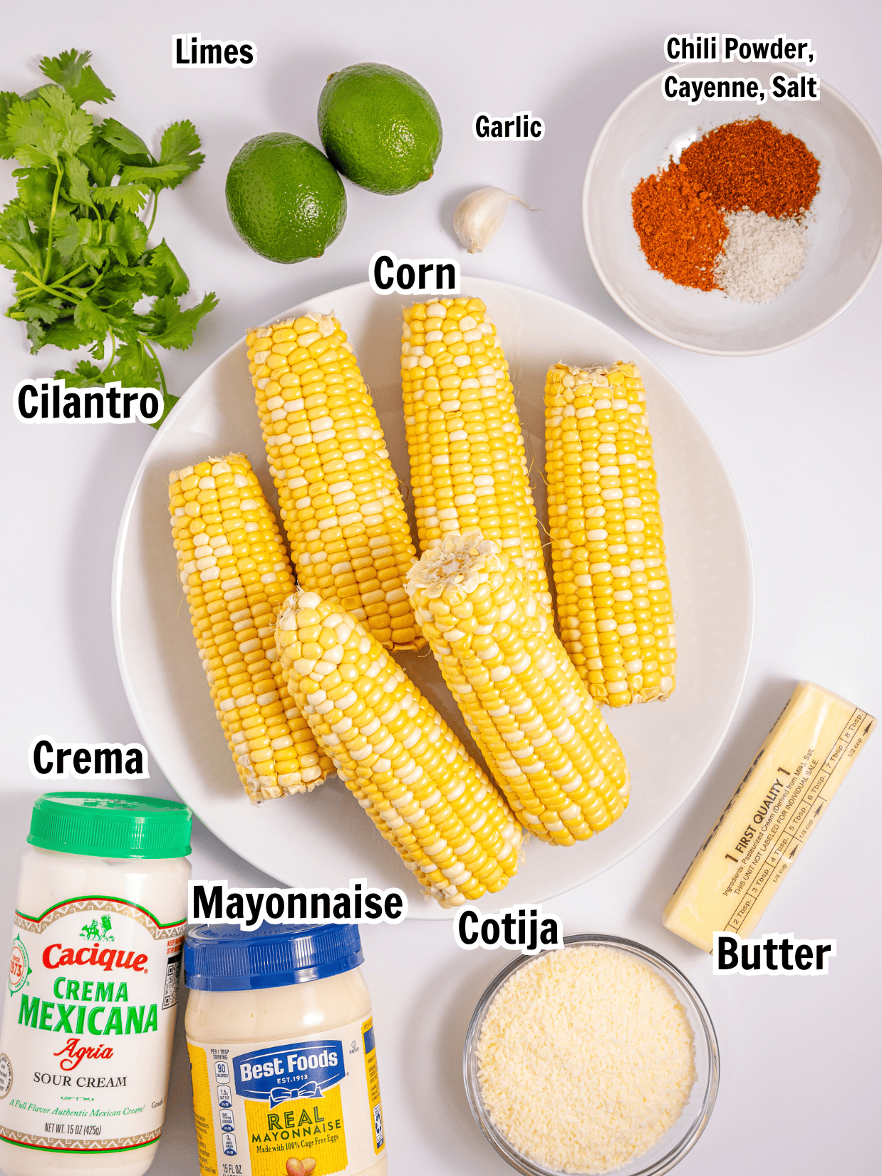 ingredients including corn, cilantro, lime, garlic, crema, mayonnaise, and cotija cheese.