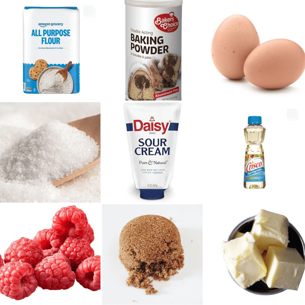 ingredients including flour, baking powder, egg, white sugar sour cream, oil, raspberries, brown sugar, and butter. 