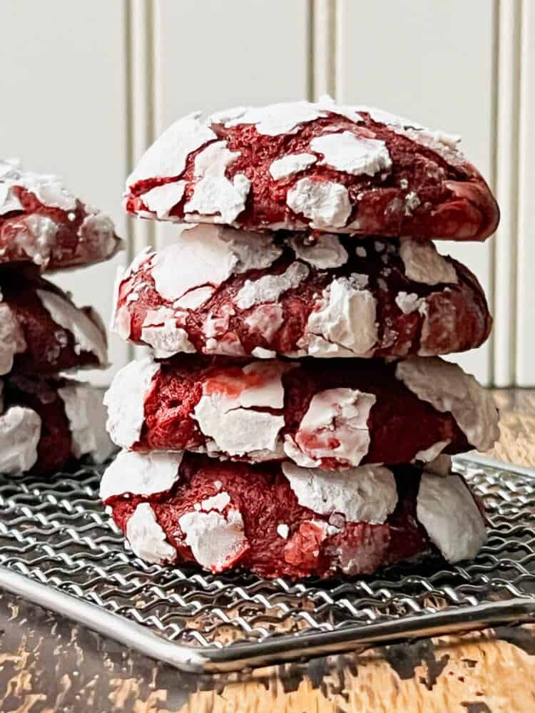 A stack of Red Velvet Crinkle Cookies.