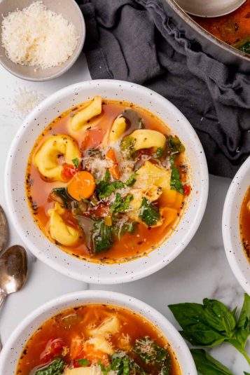 Overhead view of Tortellini Soup.