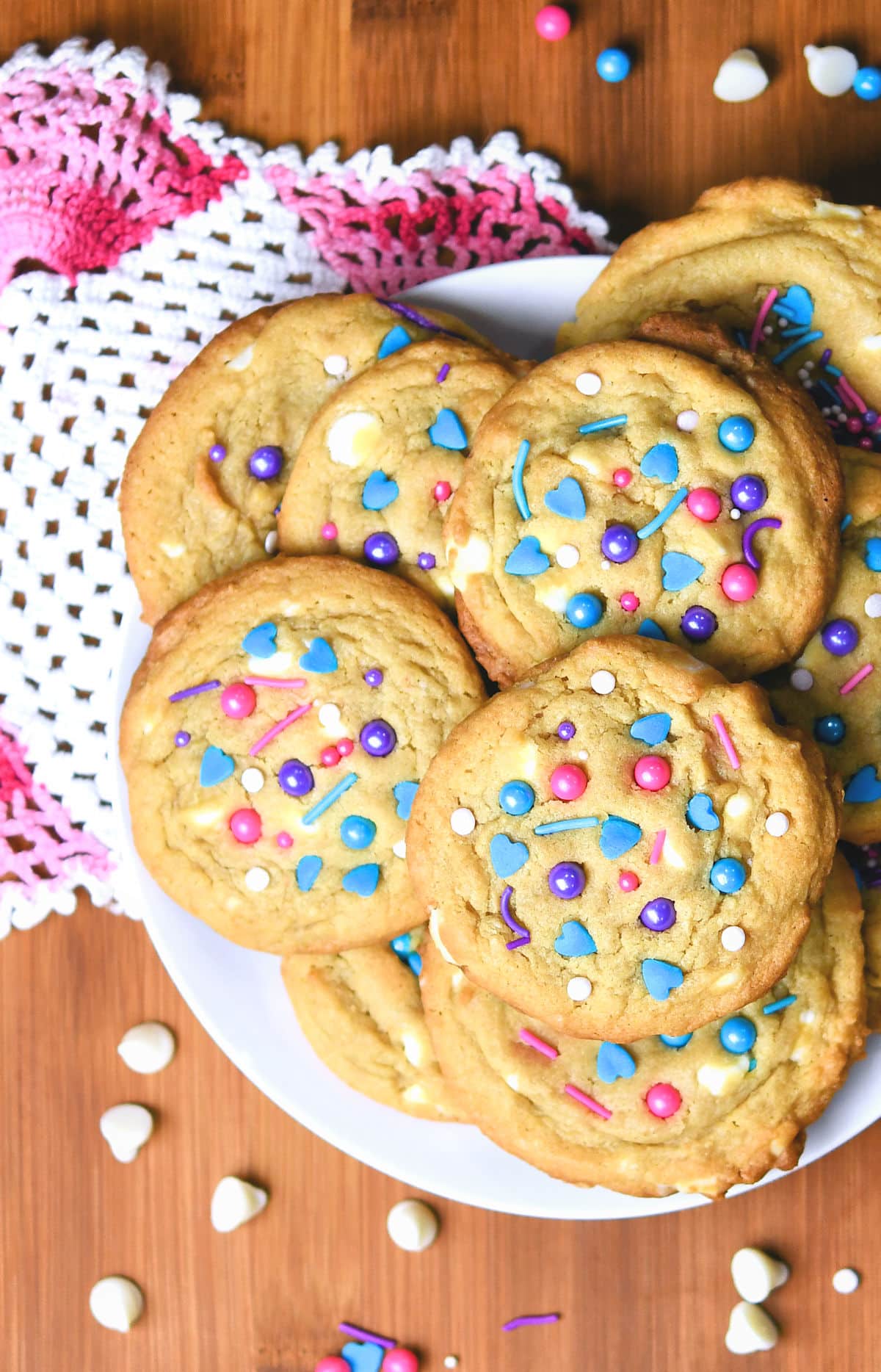 An overhead shot of White Chocolate Chip Pudding Cookies.