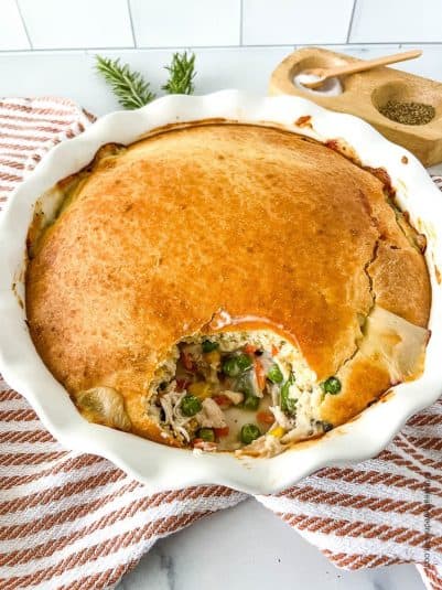A display of  Bisquick Chicken Pot Pie Casserole.