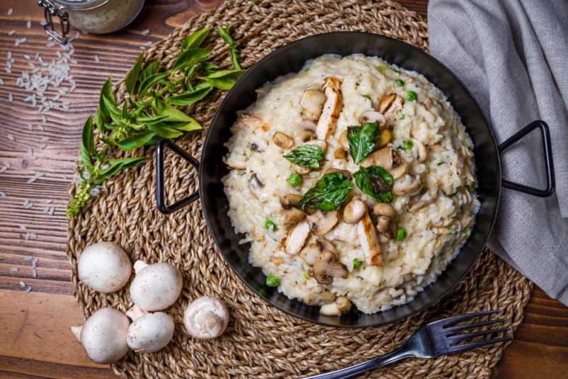 Overhead view of Chicken and Mushroom Risotto.