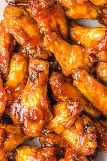 Closeup of Air Fryer BBQ Peach Bourbon Wings.