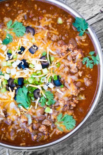 Meat Lovers Chili loaded up with 3 kinds of meat for a hearty and comforting meal.