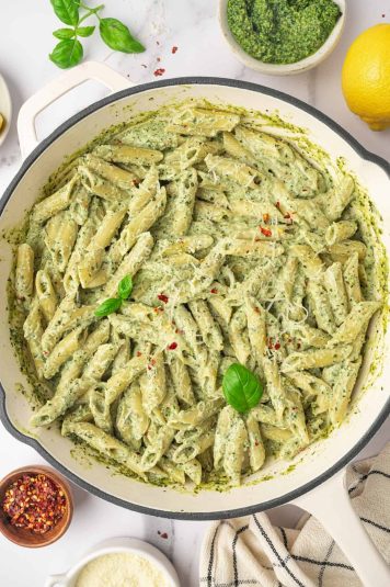 Easy Pesto Ricotta Pasta in a white skillet.