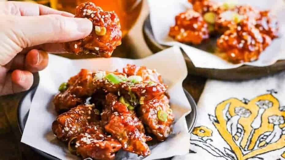 Stack of air fryer pork belly strips in hoisin glaze.