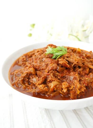Crockpot Pulled Maple BBQ Beef in a white bowl.