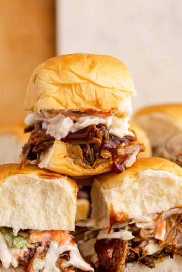 Pulled Pork Sliders on Hawaiian Rolls Stacked.