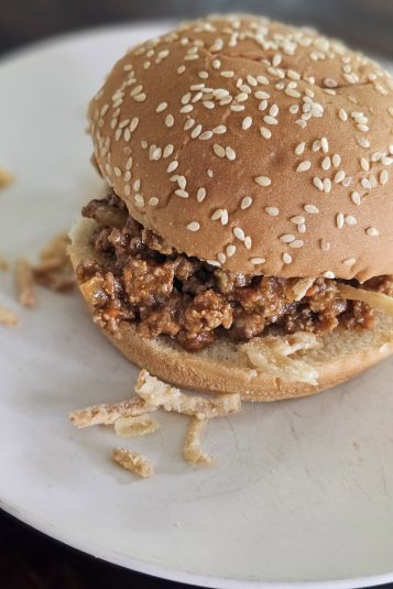 Spicy Sloppy Joe on a sesame seed bun.