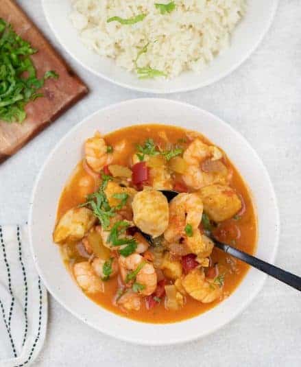 Caribbean seafood stew in a bowl.