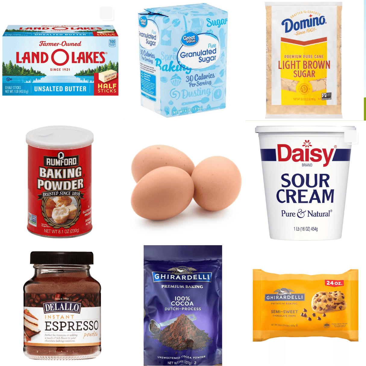 ingredients including butter, sour cream, white/brown sugars, baking powder, eggs, espresso, and cocoa powder. 