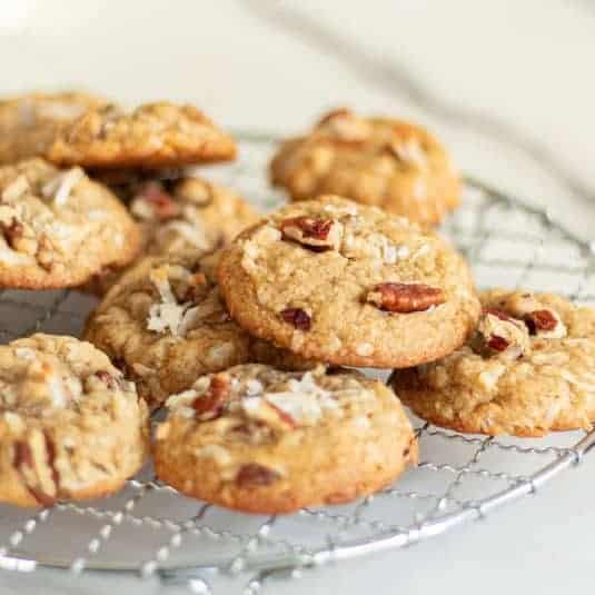 Coconut Pecan Cookies on a wire rack.