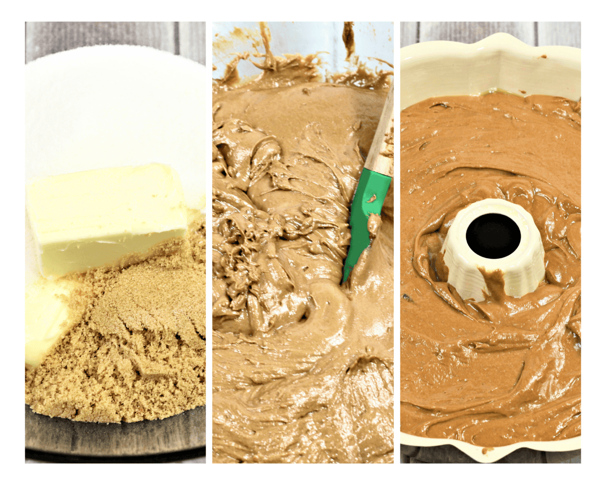a 3 image collage showing chocolate bundt cake batter in a bowl and bundt pan.