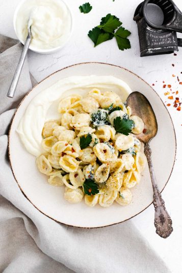 The completed instant pot orecchiette pasta recipe.