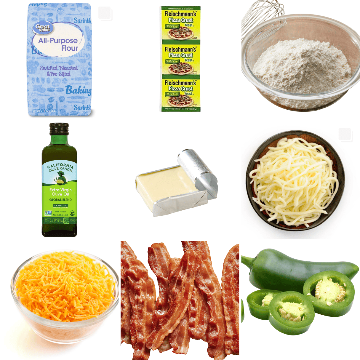 ingredients including flour, pizza yeast, flour, cream cheese, cheeses, bacon, and jalapenos.