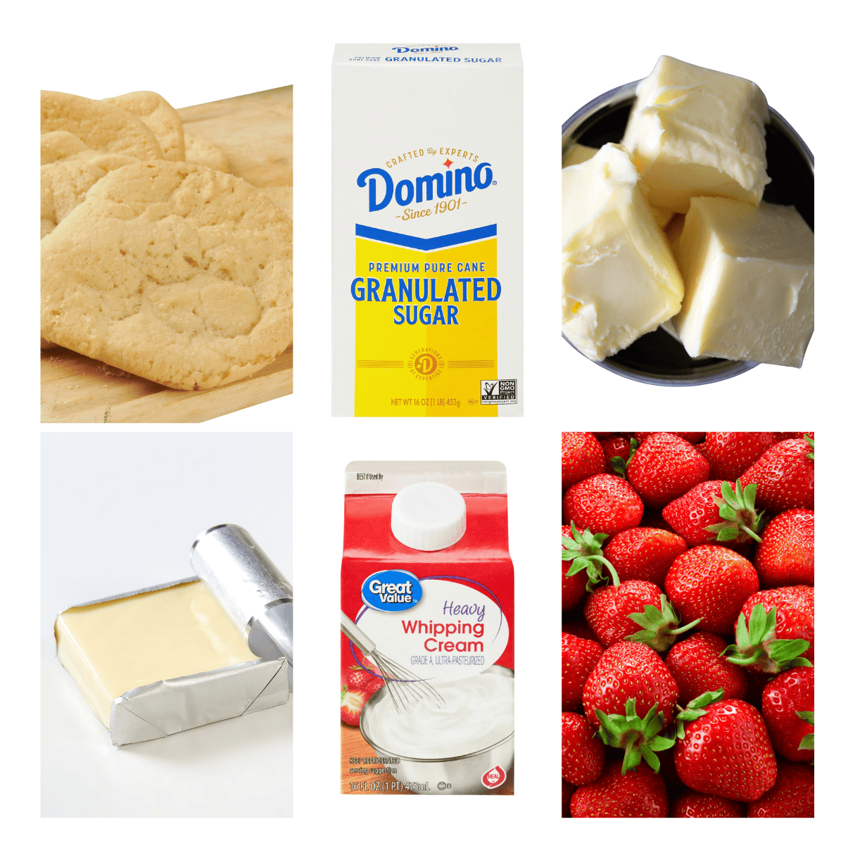 ingredients including sugar cookies, white sugar, butter, cream cheese, whipping cream, and fresh strawberries.