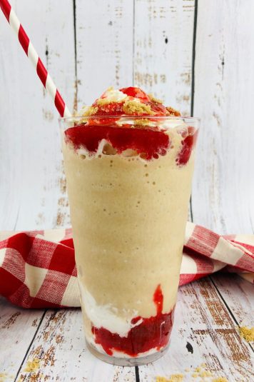 Close up of a Strawberry Funnel Cake Frappuccino Copycat.