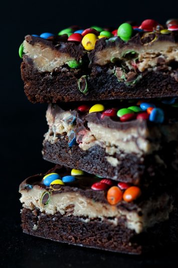 A stack of Monster Cookie Dough Brownies.
