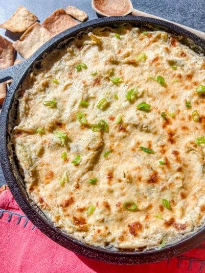 Freshly baked skillet artichoke dip.