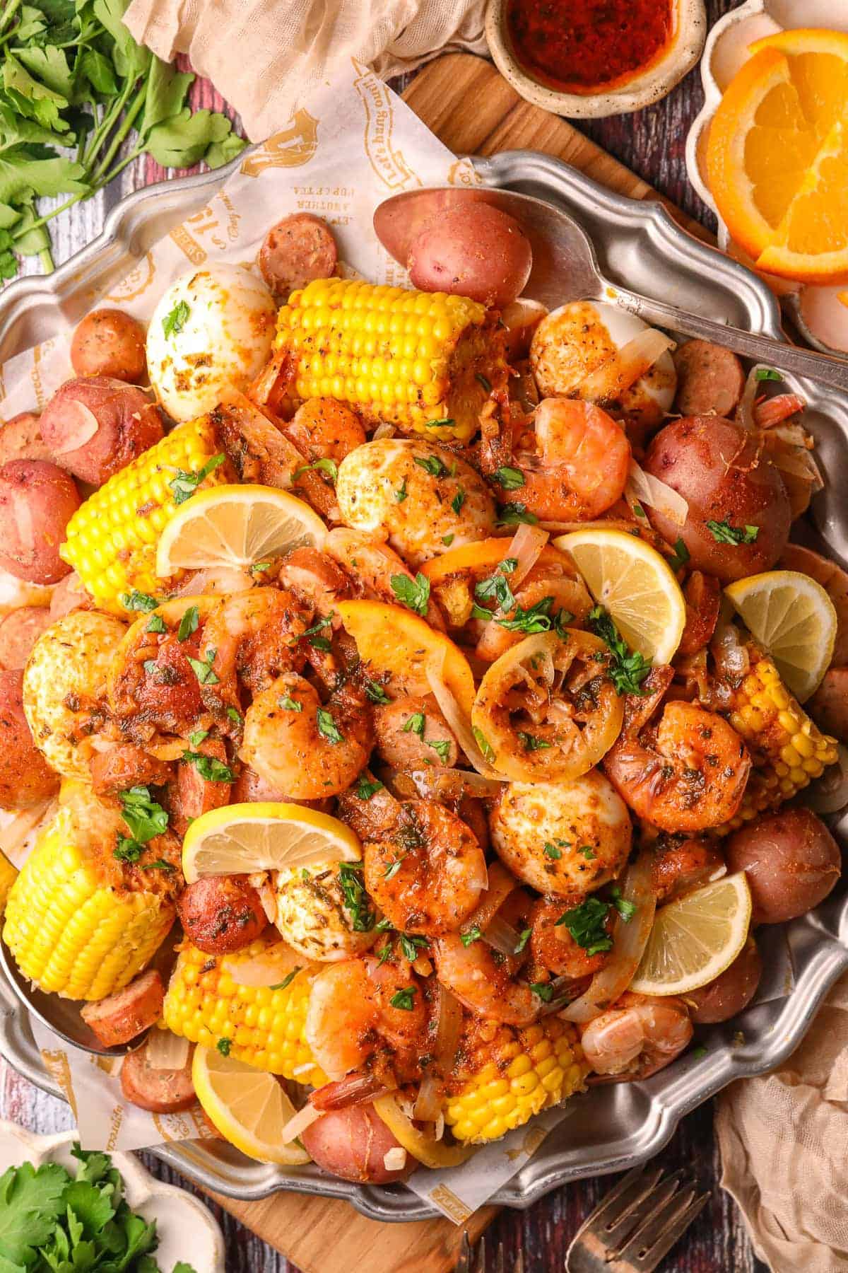 Cajun shrimp boil on a large platter.