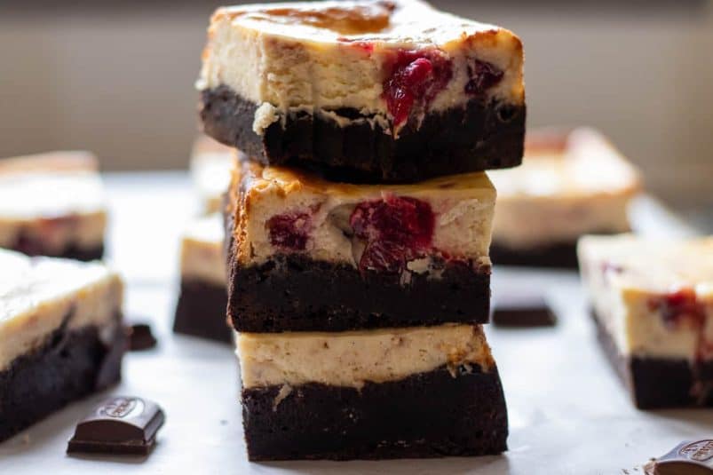 3 pieces of cranberry cheesecake brownies.