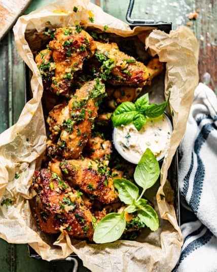Overhead view of Garlic Butter Wings.
