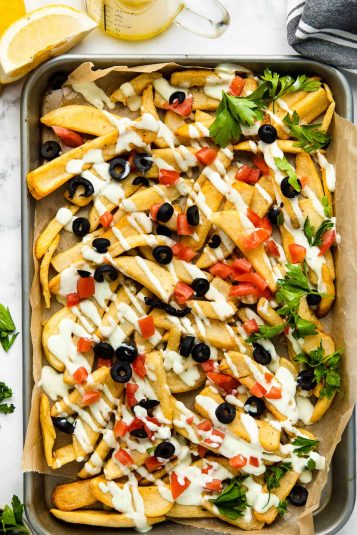 Overhead view of Loaded Greek Feta Fries.