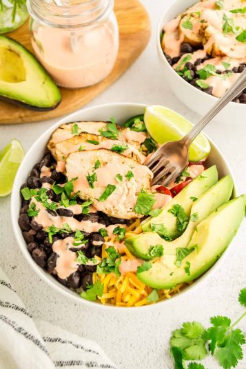 Overhead view of Chicken Burrito Bowl.