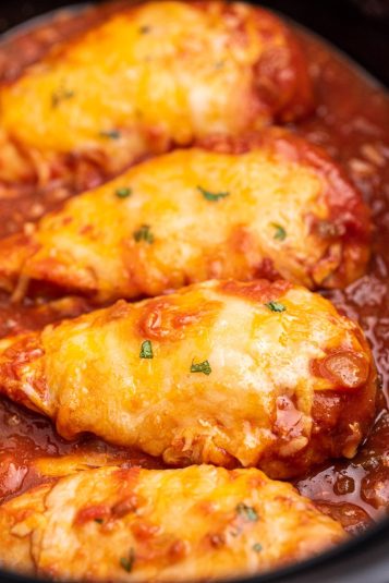Up close view of prepared chicken breasts in a slow cooker topped with cheese and cilantro.