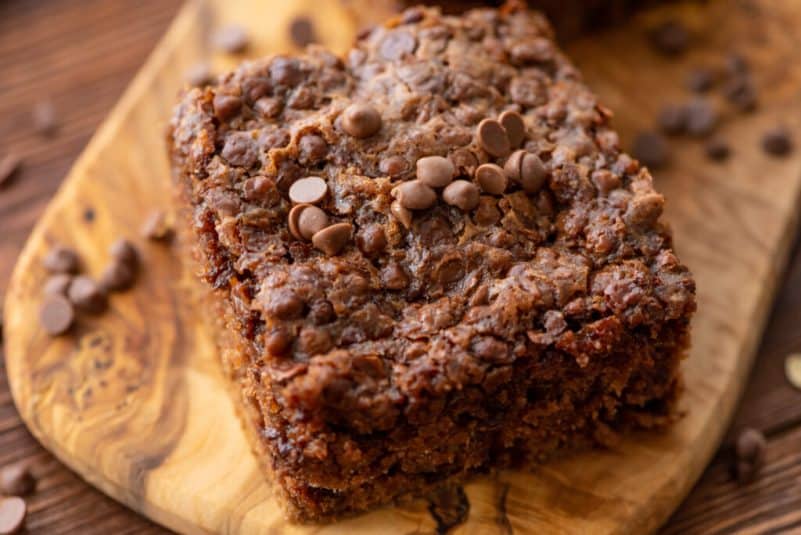 Moist, chocolate cake with chocolate chips throughout.