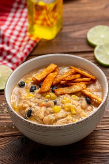 Creamy soup that is packed with chicken, beans, and corn.