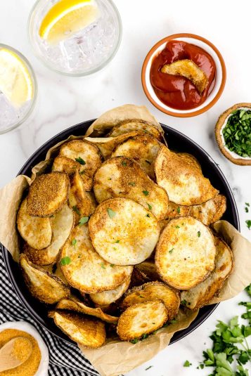 Overhead view of Spanish Tortilla With Potato Chips.