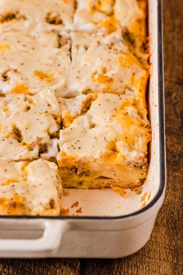 Closeup of a hearty Biscuits and Gravy Casserole.