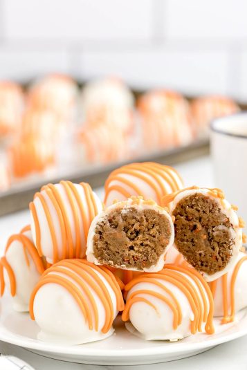 A stack of Carrot Cake Cheesecake Bites.