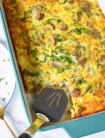 Cheese and Sausage Baked Eggs in a large casserole dish.