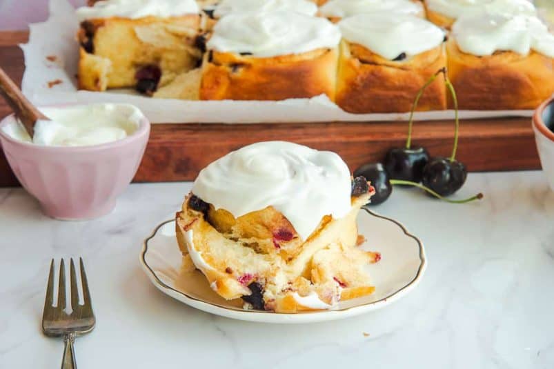A sweet roll's interior on a white plate.