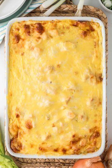 Chicken cordon bleu in a casserole dish.