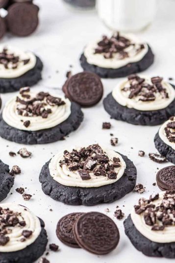 Copycat crumbl oreo cookies on parchment paper.