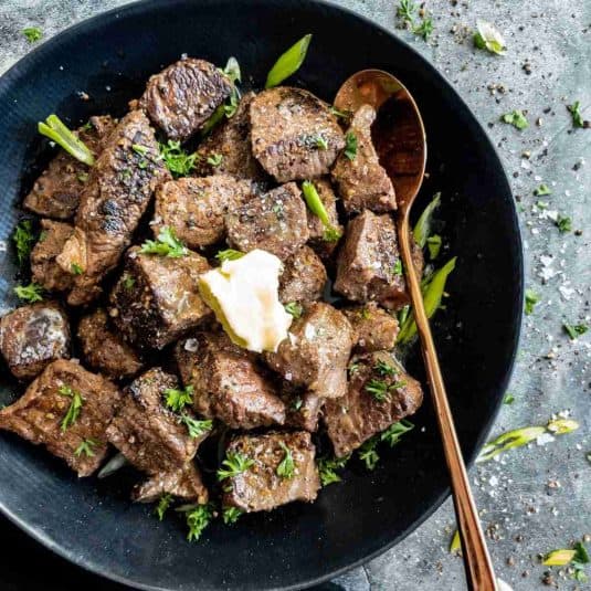 Overhead view of Truffle Butter Steak Bites.