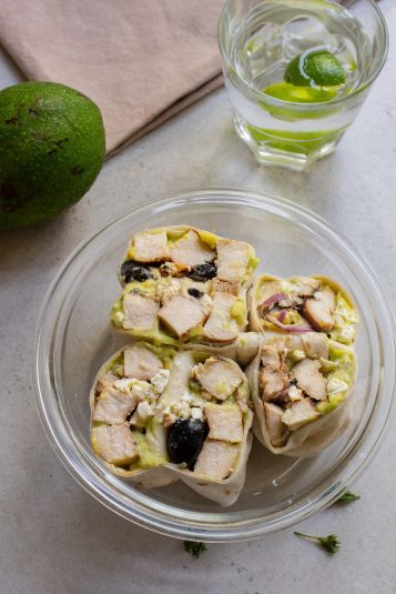 Top down view of the completed grilled chicken wrap recipe.