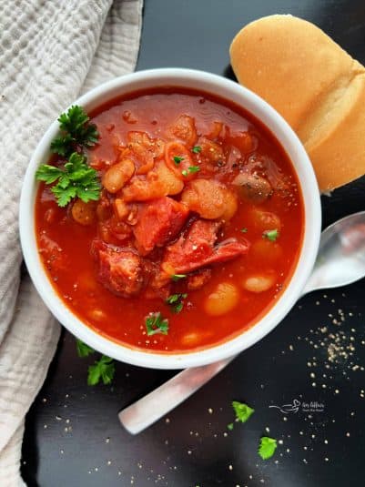 Instant Pot Ham and Bean Soup in a white bowl.
